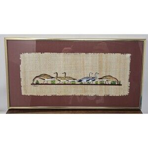 Vintage Egyptian Papyrus Hand Painted Geese Framed Picture Signed 15.5"x8.5"